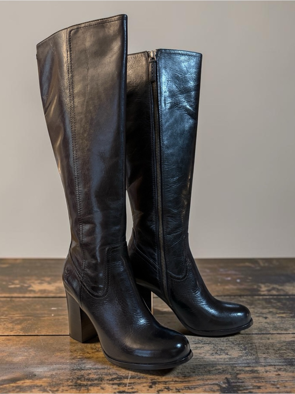 Frye Parker Tall Black Leather Knee High Boots Heels Size 8